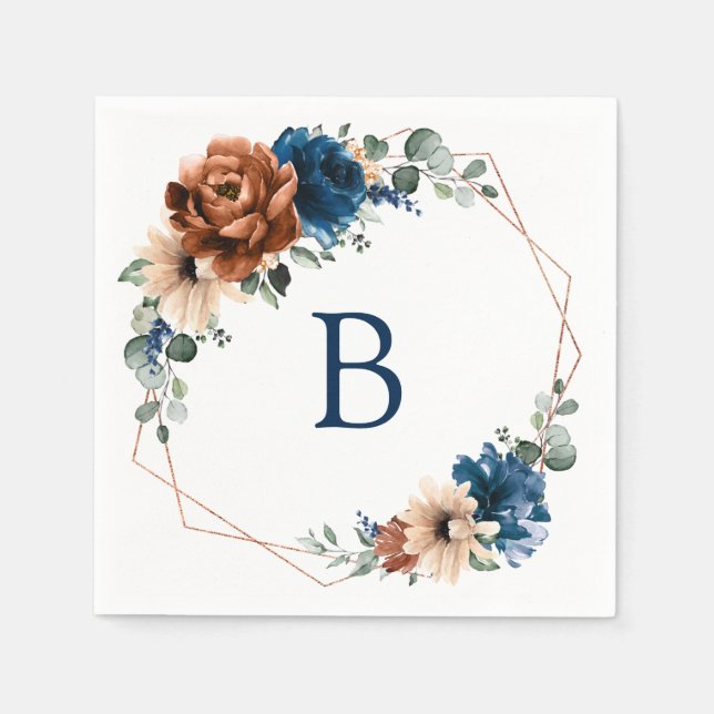 Terracotta Navy Blue Greenery Monogram Wedding Napkin (Front)