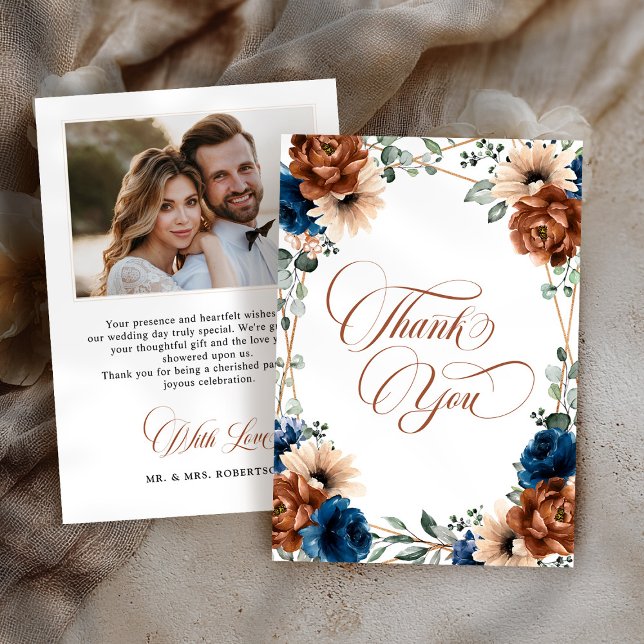 Terracotta Navy Blue Greenery Photo  Wedding       Thank You Card (Terracotta Navy Blue Greenery Photo Wedding Thank You Card)