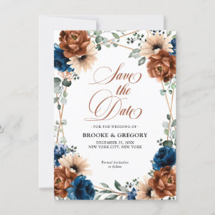 Terracotta Navy Blue Greenery Save the date