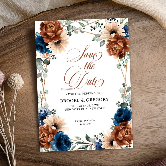 Terracotta Navy Blue Greenery Save the date (Creator Uploaded)