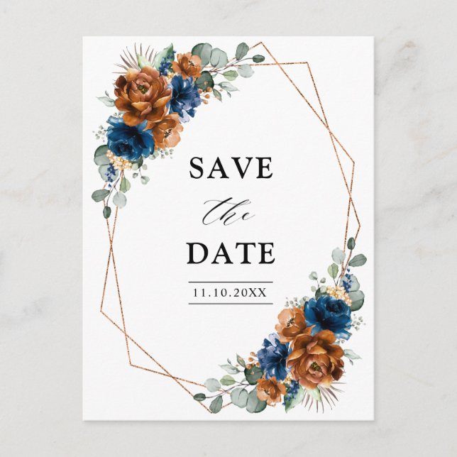 Terracotta Navy Blue Greenery Save the Date Postcard (Front)