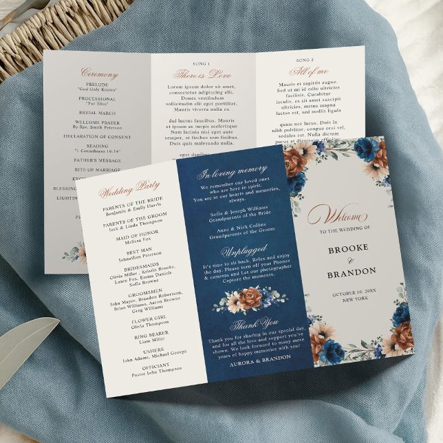 Terracotta Navy Blue Greenery Wedding Program (Terracotta Navy Blue Greenery Wedding tri-fold Program card)