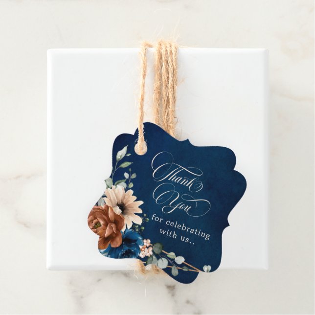 Terracotta Navy Blue Greenery Wedding Thank You Favour Tags (In Situ)