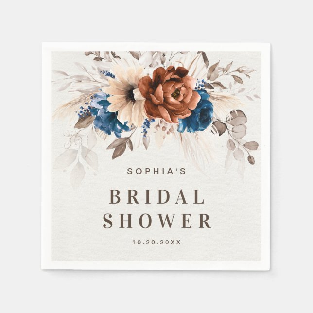 Terracotta Navy Blue Pampas Grass Bridal Shower Napkin (Front)