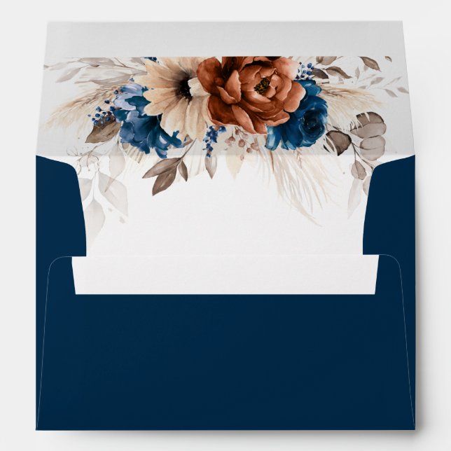 Terracotta Navy Blue Pampas Grass Rustic Wedding Envelope (Back (Bottom))