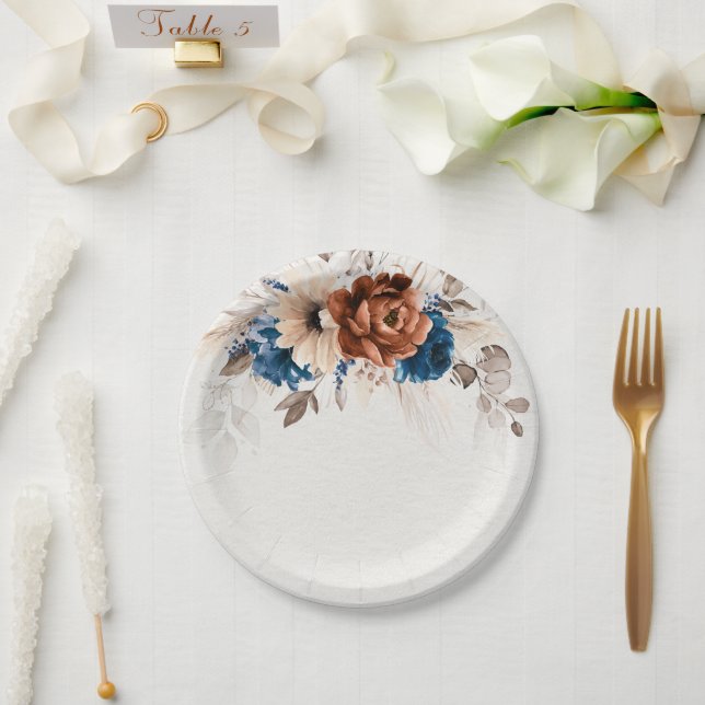 Terracotta Navy Blue Pampas Grass Rustic Wedding Paper Plate (Wedding)