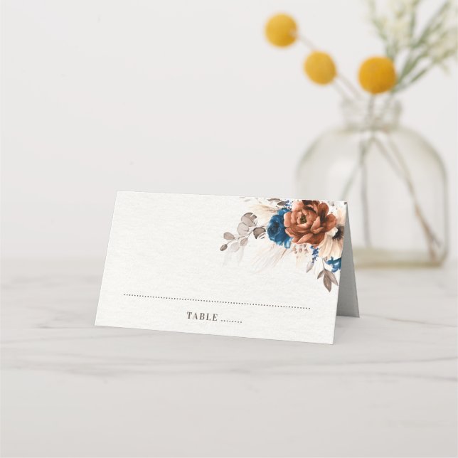 Terracotta Navy Blue Pampas Grass Rustic Wedding Place Card (Front)