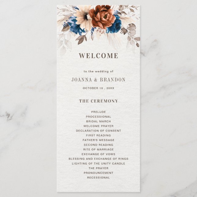 Terracotta Navy Blue Pampas Grass Rustic Wedding Program (Front)