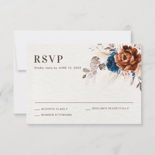 Terracotta Navy Blue Pampas Grass Rustic Wedding RSVP Card (Front)