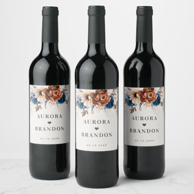 Terracotta Navy Blue Pampas Grass Rustic Wedding Wine Label (Bottles)