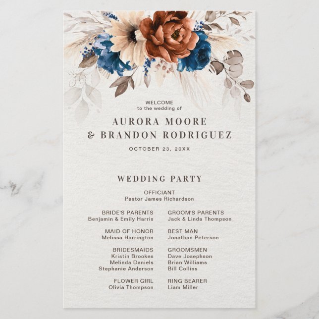 Terracotta Navy Blue Pampas Grass  Wedding Program (Front)
