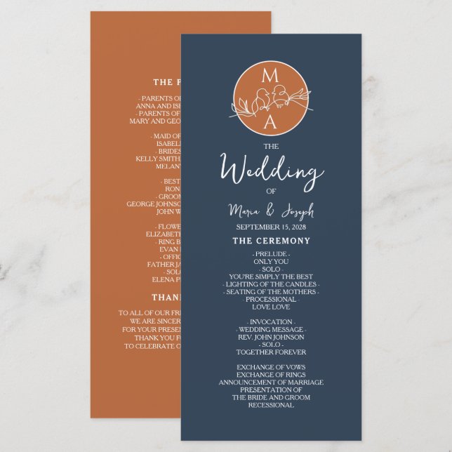 Terracotta Navy Blue Wedding Program (Front/Back)