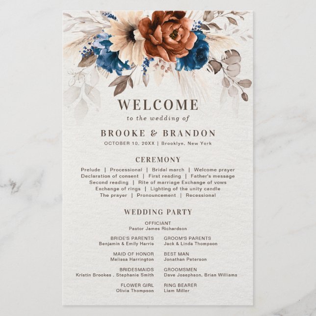 Terracotta Navy Blue Wedding Program With Menu (Front)