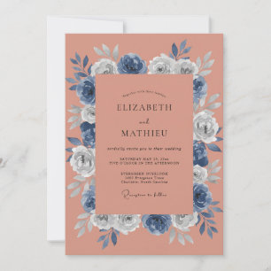 Terracotta Navy Floral Autumn Wedding Invitation