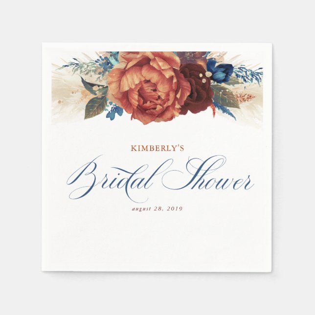 Terracotta Navy Floral Pampas Grass Bridal Shower Napkin (Front)
