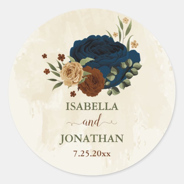 terracotta navy floral wedding classic round sticker (Front)