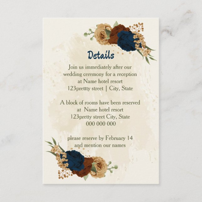 terracotta navy floral wedding details enclosure card (Front)