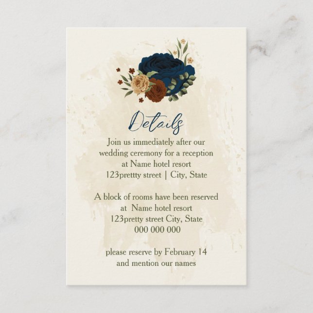 terracotta navy floral wedding details enclosure card (Front)