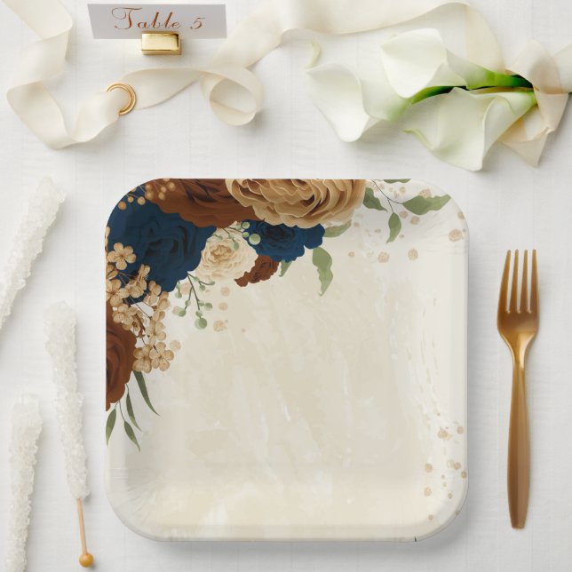 terracotta navy floral wedding paper plate (Wedding)