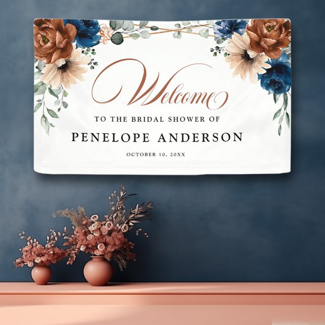 Terracotta Navy Geometric Bridal Shower Welcome Banner (bridal shower banner with terracotta and navy flowers)