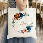 Terracotta Navy Greenery Geometric Wedding Bride Tote Bag<br><div class="desc">Elegant Navy blue,  Terracotta ,  Orange earthy floral theme wedding bride tote  bag featuring elegant bouquet of Navy blue,  Terracotta colour roses peonies  and green eucalyptus leaves. Please contact me for any help in customization or if you need any other product with this design.</div>