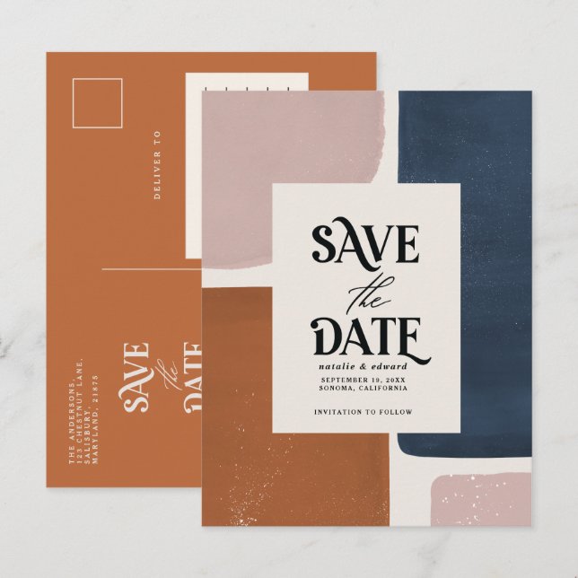 Terracotta navy modern abstract typography announc announcement postcard (Front/Back)