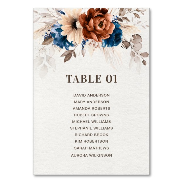 Terracotta Navy Pampas Grass Wedding Seating Chart Table Number (Front)