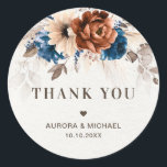 Terracotta Navy Pampas Grass Wedding Thank You Classic Round Sticker<br><div class="desc">Elegant Navy blue,  Terracotta ,  Orange earthy floral theme wedding thank you sticker featuring elegant bouquet of Navy blue,  Terracotta colour roses peonies  and eucalyptus leaves. Please contact me for any help in customization or if you need any other product with this design.</div>