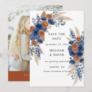 Terracotta Navy Pampas Greenery Modern Photo Save The Date