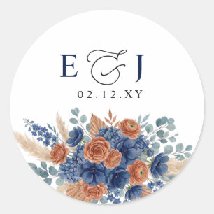 Terracotta Navy Pampas Greenery Modern Wedding Classic Round Sticker