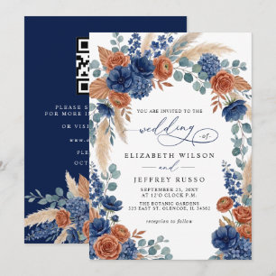 Terracotta Navy Pampas Greenery Modern Wedding Invitation