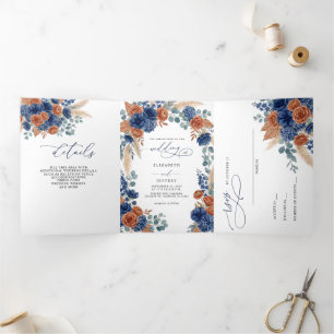 Terracotta Navy Pampas Greenery Modern Wedding Tri-Fold Invitation