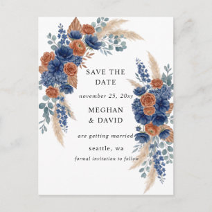 Terracotta Navy Pampas Greenery Save the Date Announcement Postcard