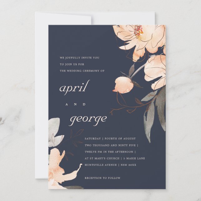 TERRACOTTA NAVY WATERCOLOR FLORAL WEDDING INVITE (Front)