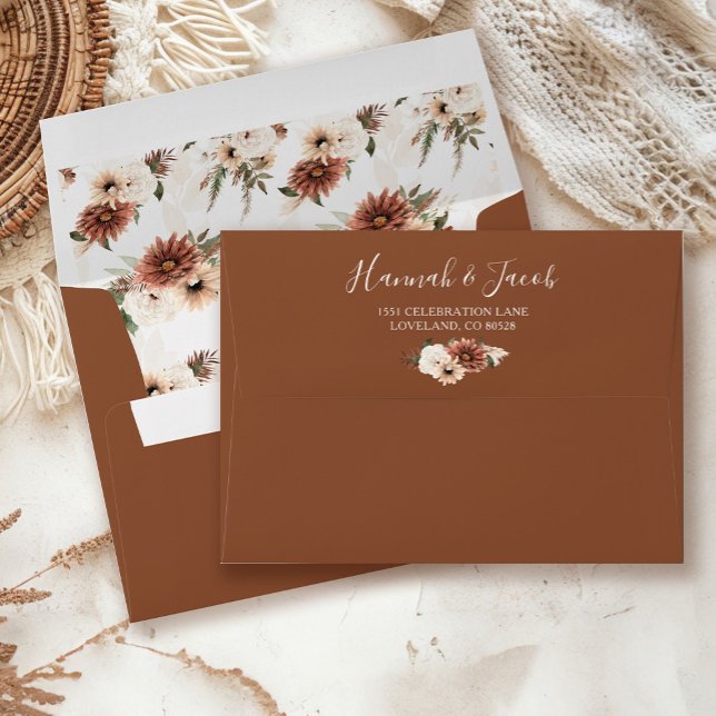 Terracotta Neutral Floral Wedding Return Address Envelope (Creator Uploaded)