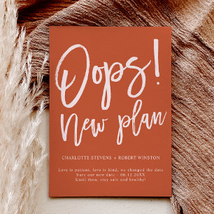 Terracotta new plan wedding change the date announcement postcard