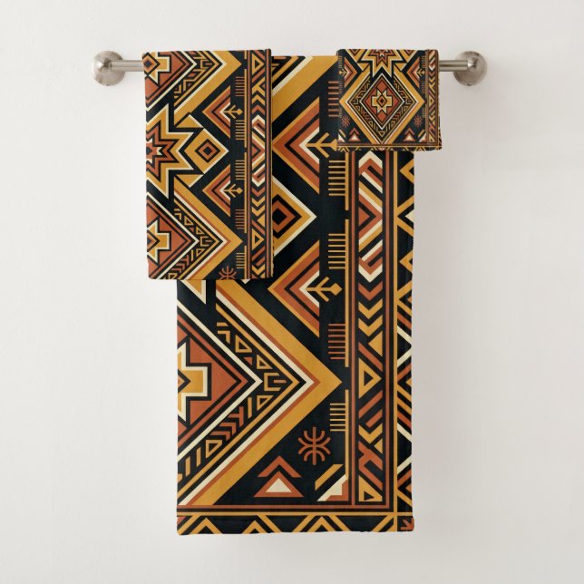Terracotta Ochre Boho Geometric Abstract Pattern Bath Towel Set (Insitu)