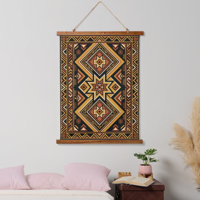 Terracotta Ochre Boho Geometric Abstract Pattern Hanging Tapestry (Bedroom)