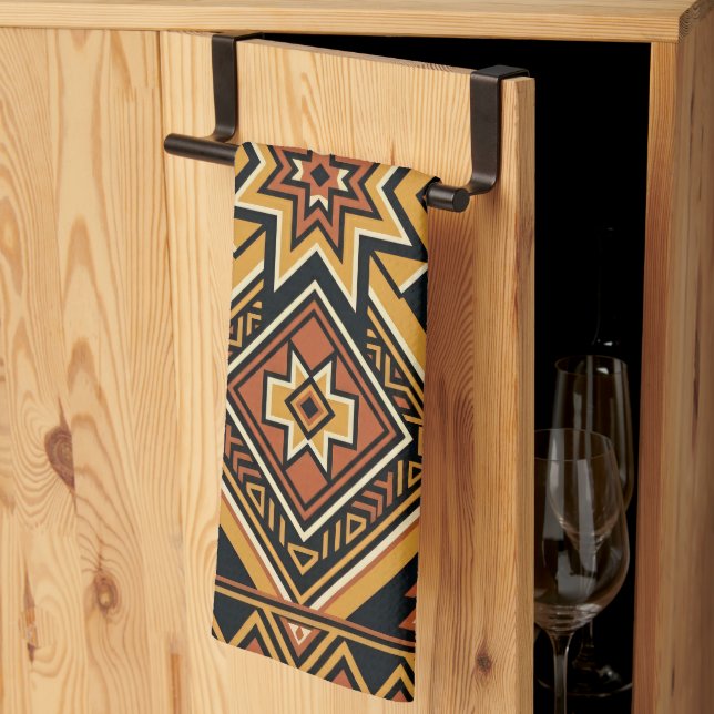 Terracotta Ochre Boho Geometric Abstract Pattern Kitchen Towel (Thirds Fold)