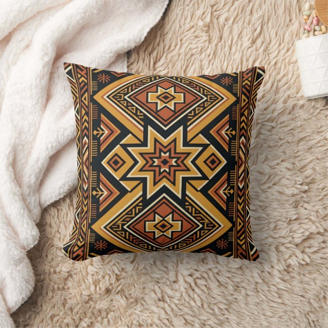 Terracotta Ochre Boho Geometric Abstract Pattern Throw Pillow (Blanket)