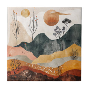 Terracotta Ochre Twin Sun Mid Century Mountain Art Tile