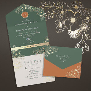 Terracotta & Olive Green Vintage Floral Wedding All In One Invitation