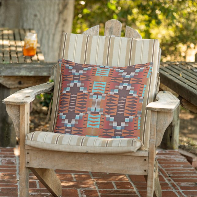 Terracotta Orange Brown Aqua Turquoise Tribal Art Outdoor Pillow (Chair)