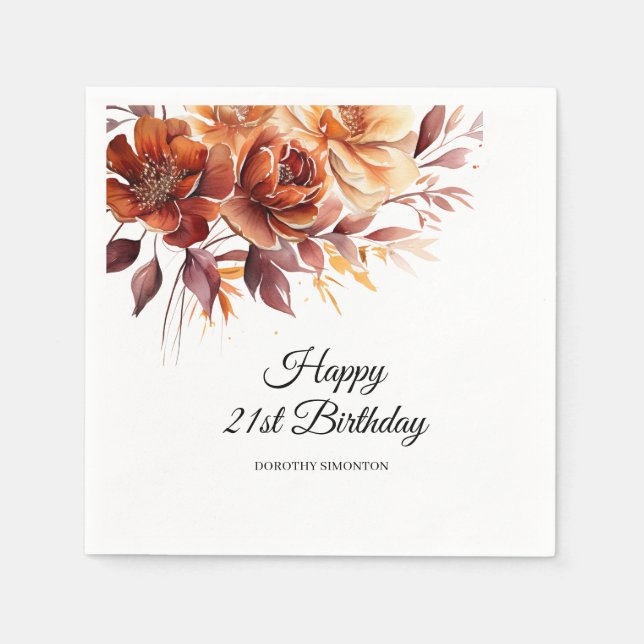 Terracotta Orange Fall Flowers 21st Birthday Napkin (Front)