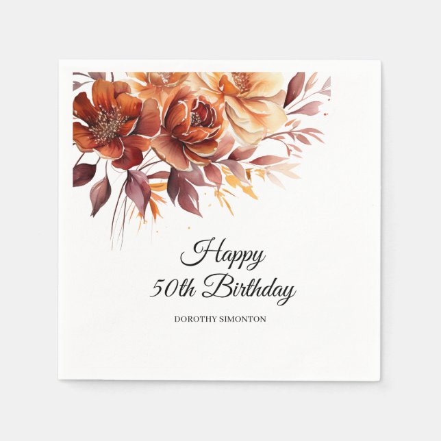 Terracotta Orange Fall Flowers 50th Birthday Napkin (Front)