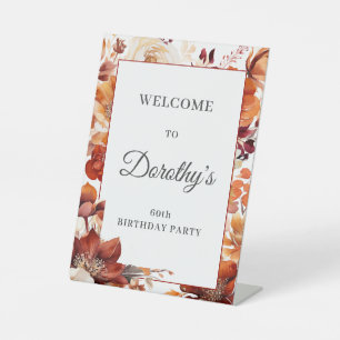 Terracotta Orange Fall Flowers 60th Birthday Pedestal Sign