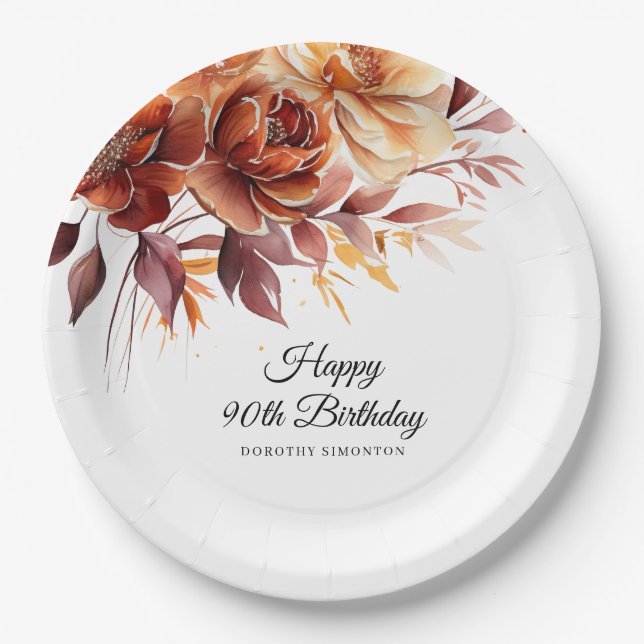 Terracotta Orange Fall Flowers 90th Birthday Paper Plate (Front)