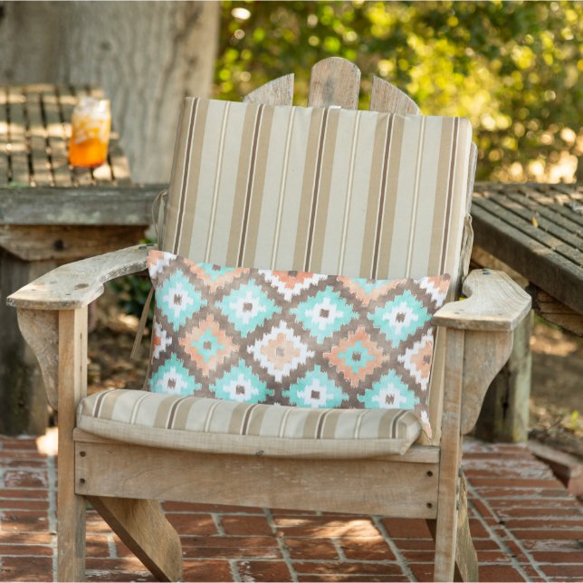 Terracotta Orange Jade Mint Green Tribal Art Lumbar Pillow (Chair)