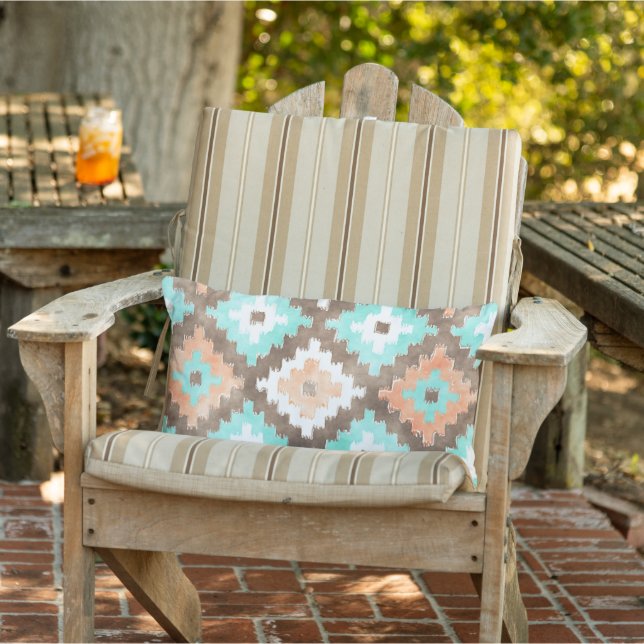 Terracotta Orange Mint Green Dark Brown Tribal Art Lumbar Pillow (Chair)