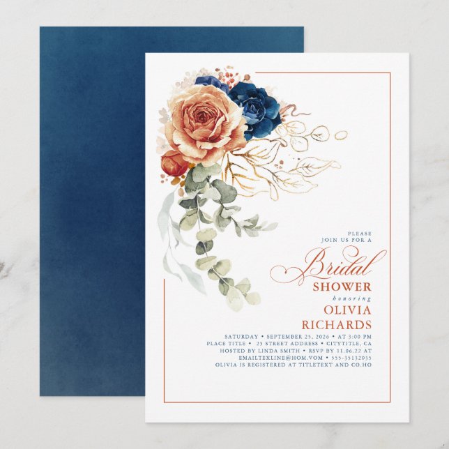 Terracotta Orange Navy Blue Fall Bridal Shower Invitation (Front/Back)